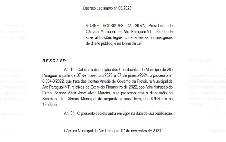 Decreto Legislativo n. 008/2023 - Prestação de Conta 2022 Adair José